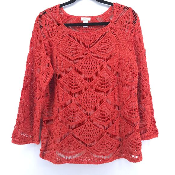 CHICOS Boho Orange Open Lace Knit Art Deco Sweater Cropped Sleeves 2 (12/14) - Picture 1 of 13